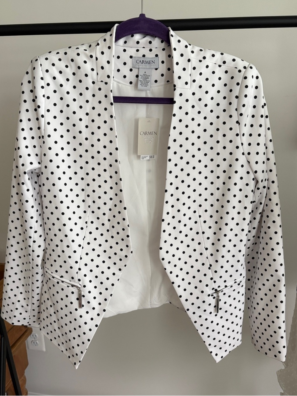 Carmen Marc Valvo White Blazer with Black Polka Dots